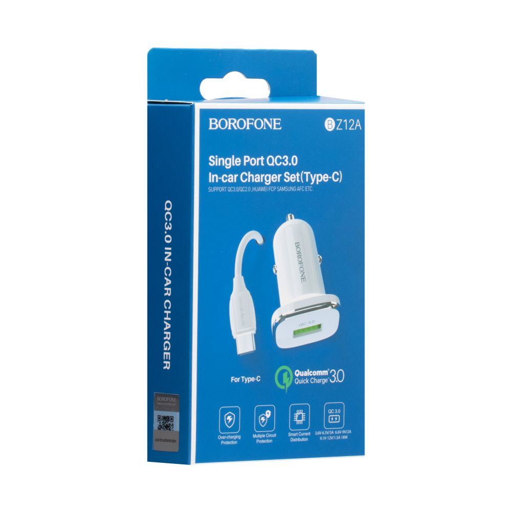 Купить АВТО ЗАРЯДНОЕ УСТРОЙСТВО BOROFONE BZ12A QC 3.0 TYPE-C