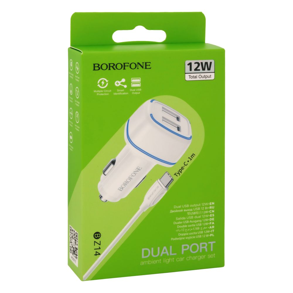 Купить АВТО ЗАРЯДНОЕ УСТРОЙСТВО BOROFONE BZ14 TYPE-C 2USB 2.4A