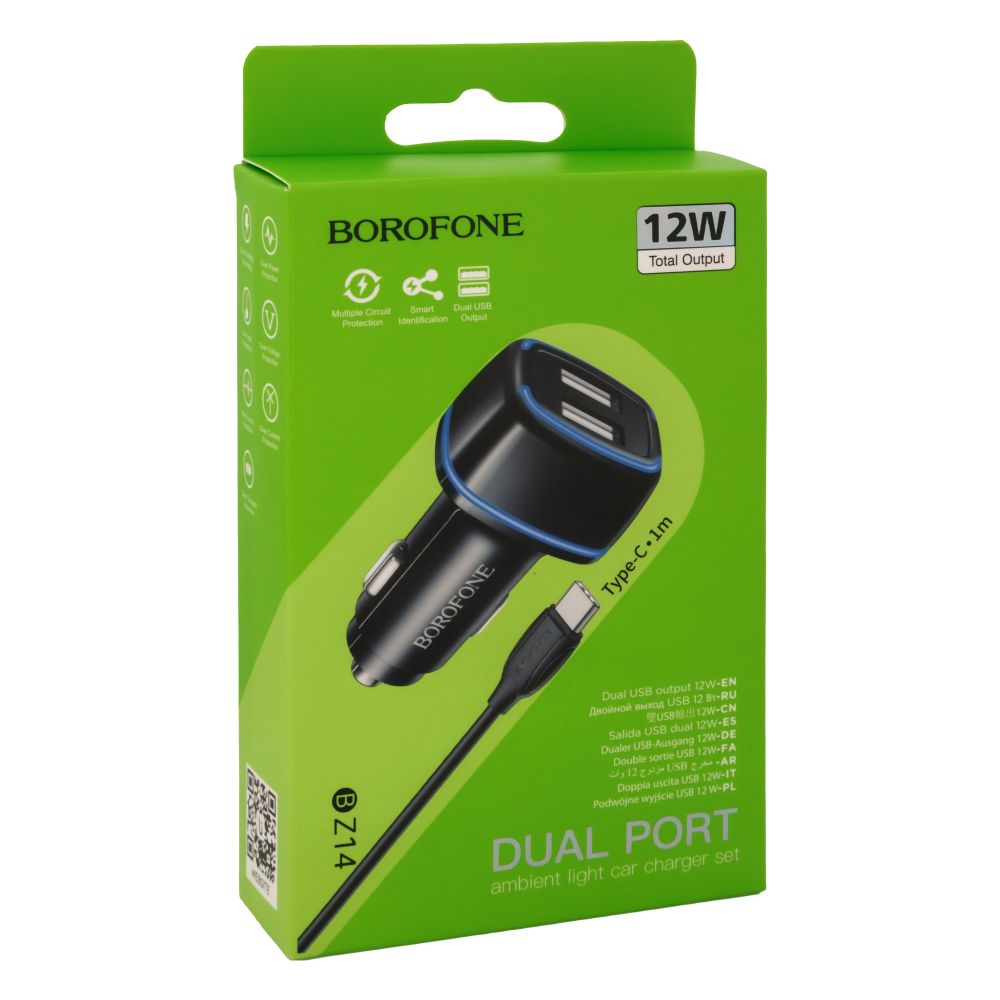 Купить АВТО ЗАРЯДНОЕ УСТРОЙСТВО BOROFONE BZ14 TYPE-C 2USB 2.4A_1