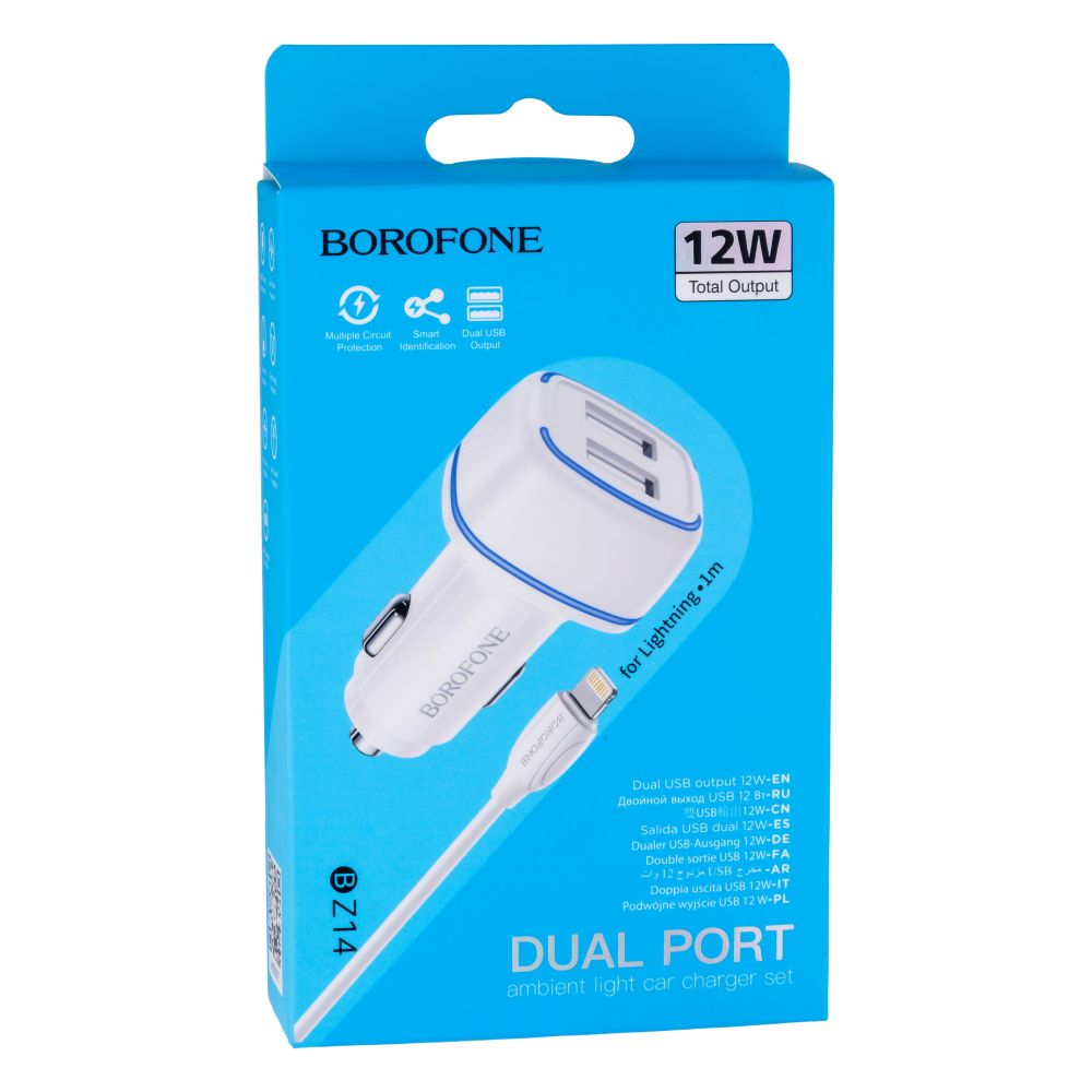 Купить АВТО ЗАРЯДНОЕ УСТРОЙСТВО BOROFONE BZ14 LIGHTNING 2USB 2.4A