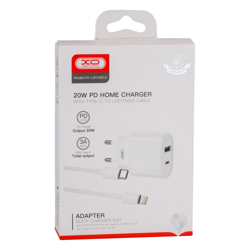 Купить СЕТЕВОЕ ЗАРЯДНОЕ УСТРОЙСТВО XO L81A EU PD20W+QC3.0 TYPE-C TO LIGHTNING 2USB