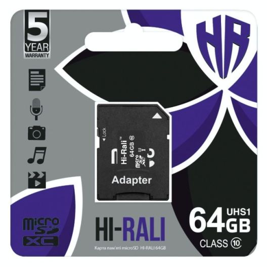 Купить КАРТА ПАМЯТИ HI-RALI MICROSDXC 64GB UHS-1 10 CLASS & ADAPTER