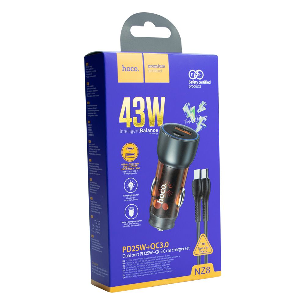 Купить АВТО ЗАРЯДНОЕ УСТРОЙСТВО HOCO NZ8 SPRINTER 43W PD25W+QC3.0 TYPE-C TO TYPE-C