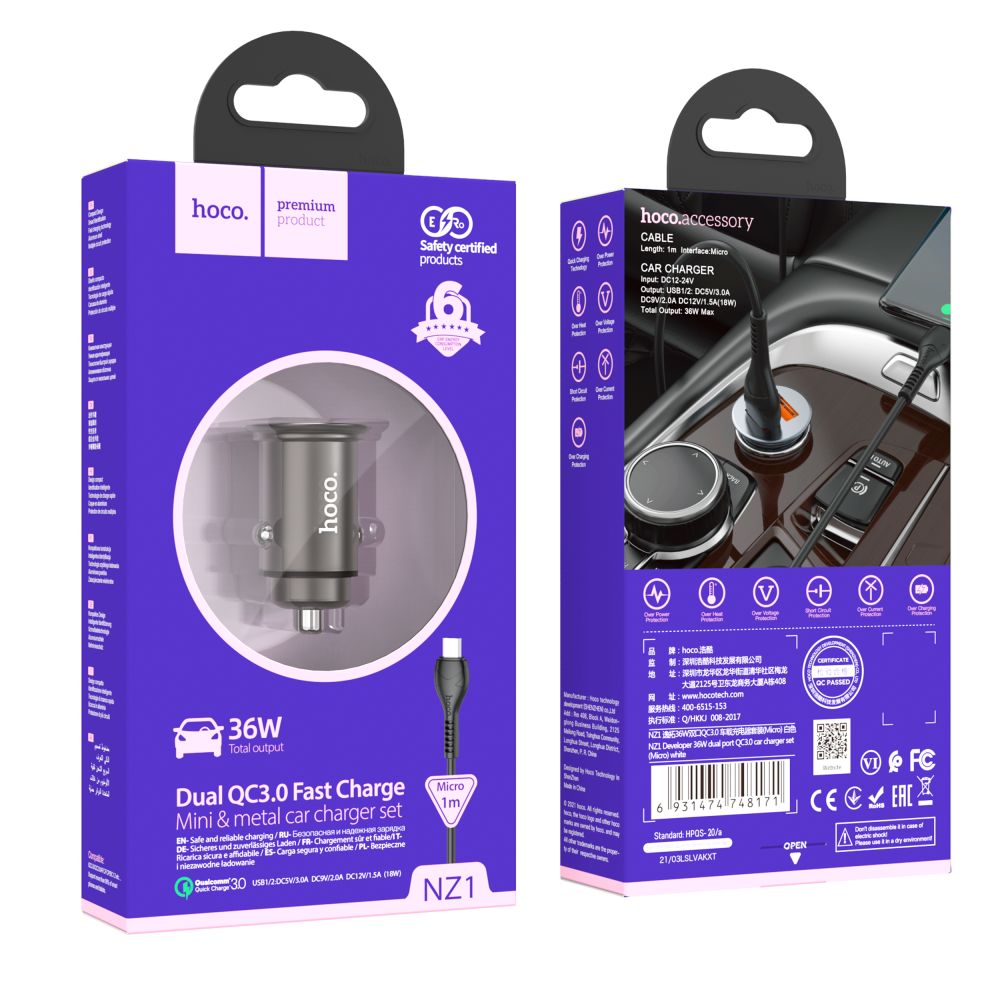 Купить АВТО ЗАРЯДНОЕ УСТРОЙСТВО HOCO NZ1 36W QC3.0 MICRO