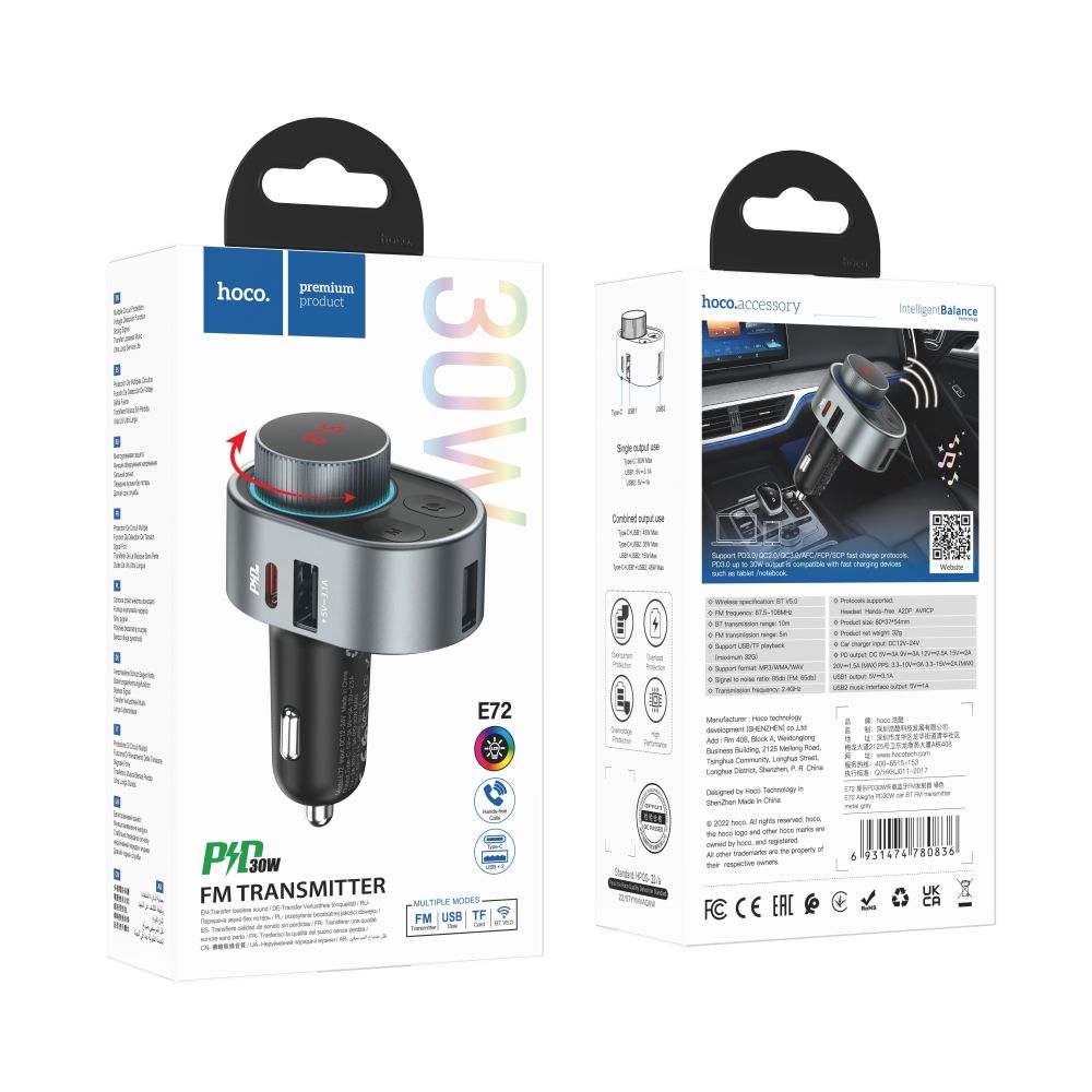 Купить МОДУЛЯТОР HOCO E72 ALEGRIA PD30W CAR BT FM TRANSMITTER