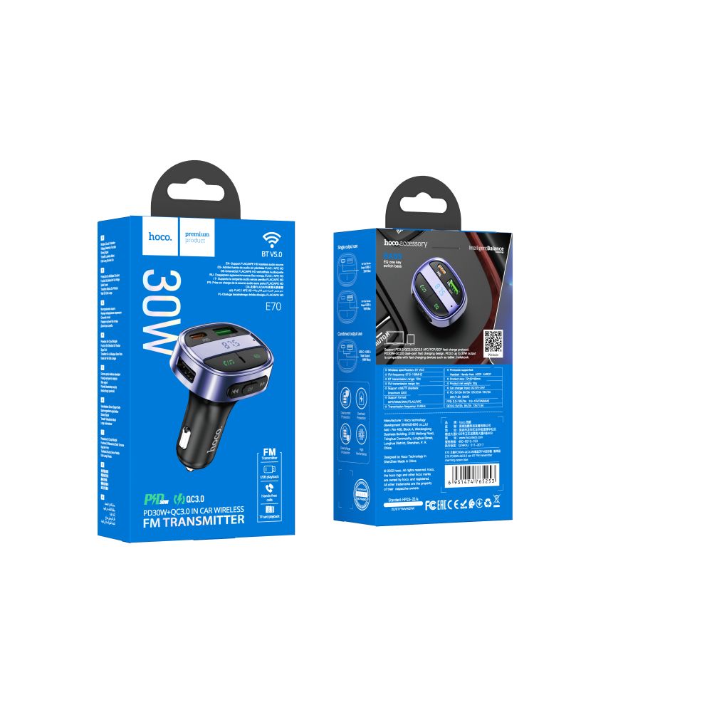 Купить МОДУЛЯТОР HOCO E70 PD30W+QC3.0 CAR BT FM TRANSMITTER