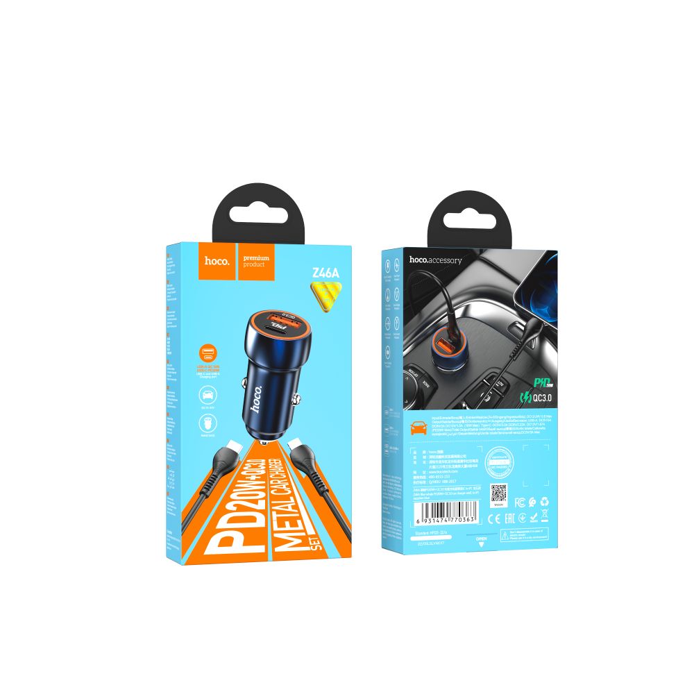 Купить АВТО ЗАРЯДНОЕ УСТРОЙСТВО HOCO Z46A PD20W+QC3.0 TYPE C TO LIGHTNING