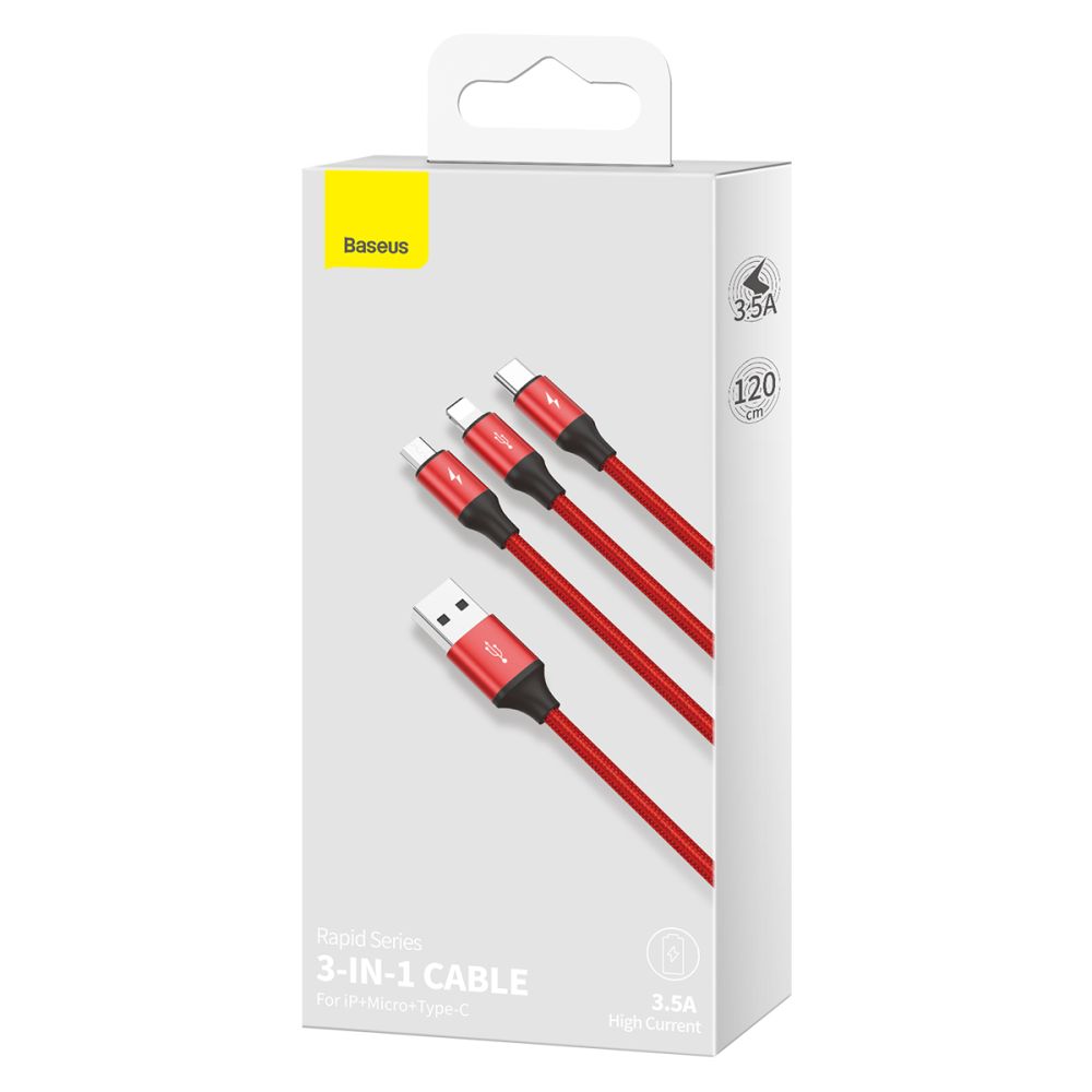Купить USB BASEUS RAPID 3-IN-1 USB TO MICRO / LIGHTNING / TYPE-C 3.5A 1.2M CAJS0000