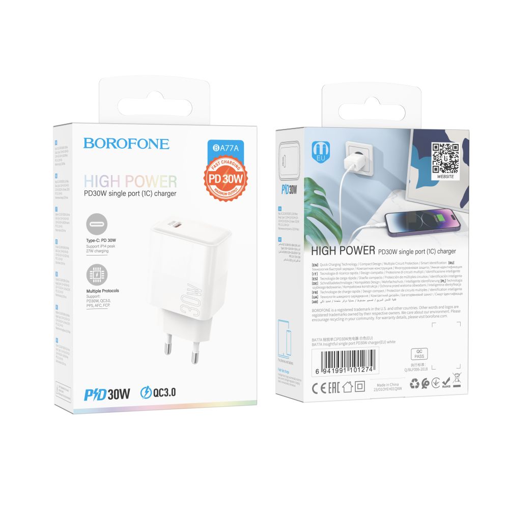 Купить СЕТЕВОЕ ЗАРЯДНОЕ УСТРОЙСТВО BOROFONE BA77A INSIGHTFUL PD/QC 30W