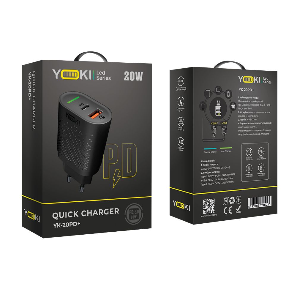 Купить СЕТЕВОЕ ЗАРЯДНОЕ УСТРОЙСТВО YOKI LED SERIES YK-20PD+QC 20W
