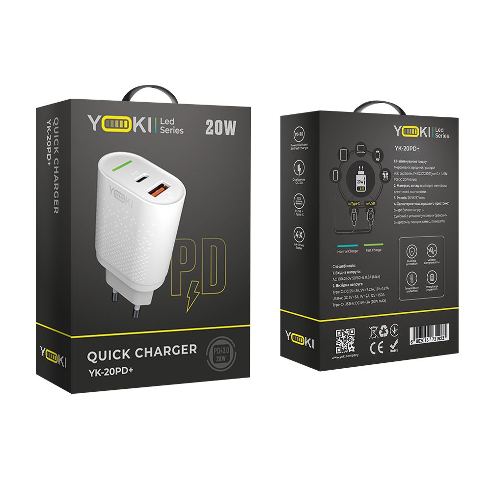 Купить СЕТЕВОЕ ЗАРЯДНОЕ УСТРОЙСТВО YOKI LED SERIES YK-20PD+QC 20W_1