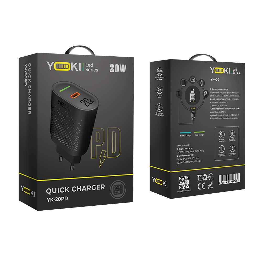 Купить СЕТЕВОЕ ЗАРЯДНОЕ УСТРОЙСТВО YOKI LED SERIES YK-20PD 20W