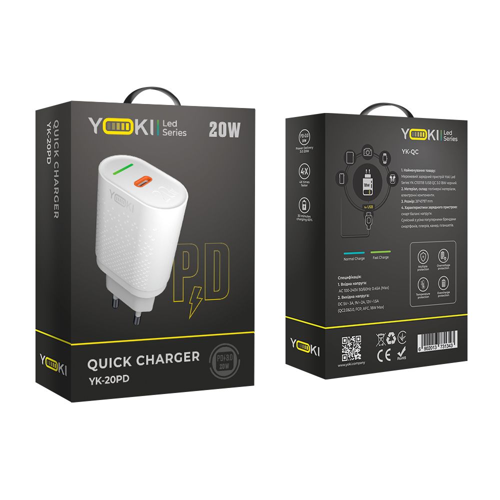 Купить СЕТЕВОЕ ЗАРЯДНОЕ УСТРОЙСТВО YOKI LED SERIES YK-20PD 20W_1