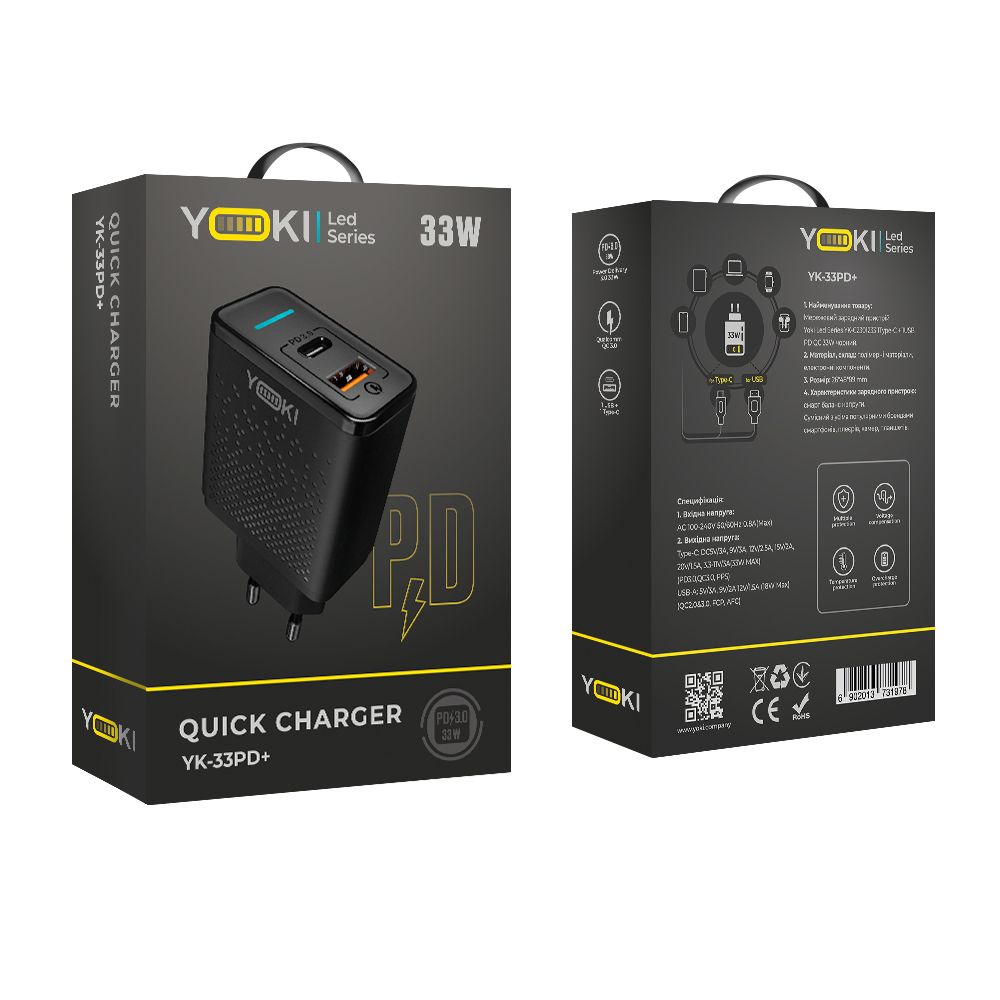 Купить СЕТЕВОЕ ЗАРЯДНОЕ УСТРОЙСТВО YOKI LED SERIES YK-33PD+QC 33W_1