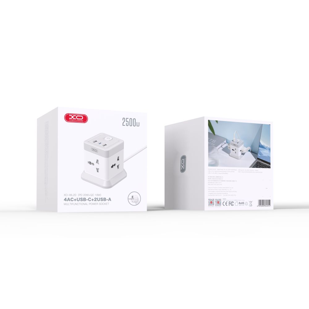 Купить СЕТЕВОЙ УДЛИНИТЕЛЬ XO WL20 20W SQUARE SOCKET 4AC +USB-A+1USB-C PD/QC 2M