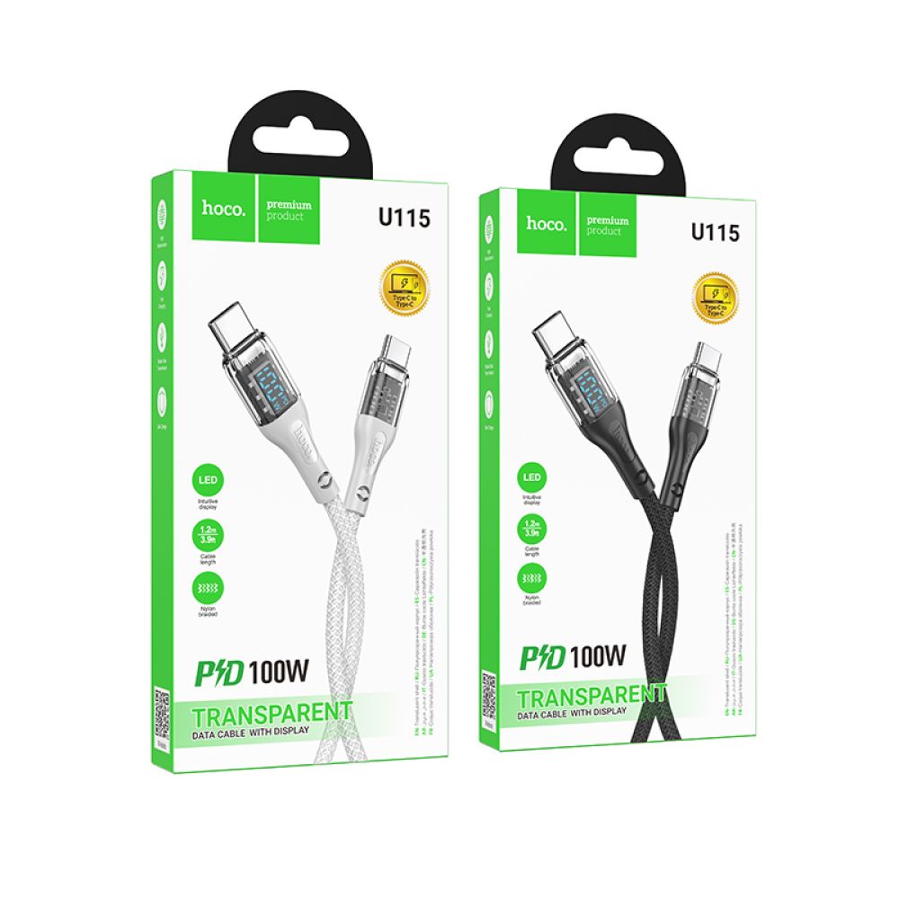 Купить USB HOCO U115 TRANSPARENT 100W WITH DISPLAY TYPE-C TO TYPE-C 1.2M