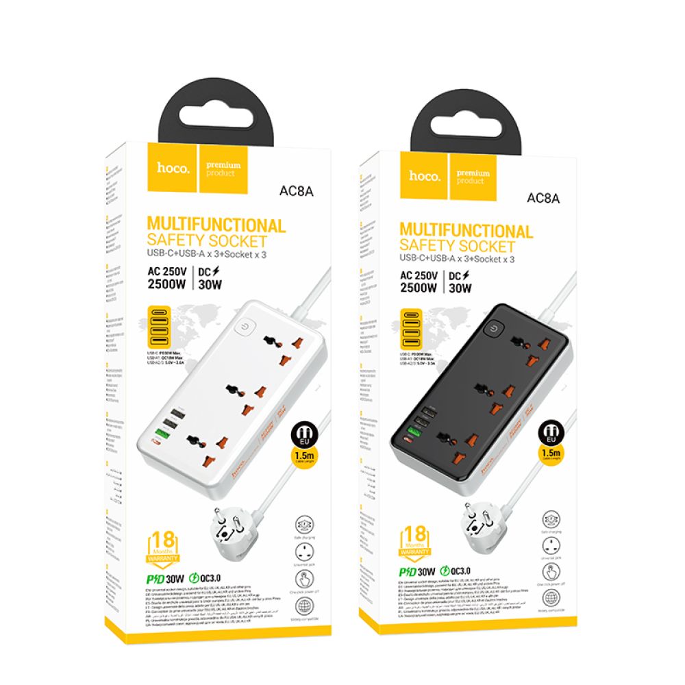 Купить СЕТЕВОЙ УДЛИНИТЕЛЬ HOCO AC8A PD30W/QC18W/1C3A