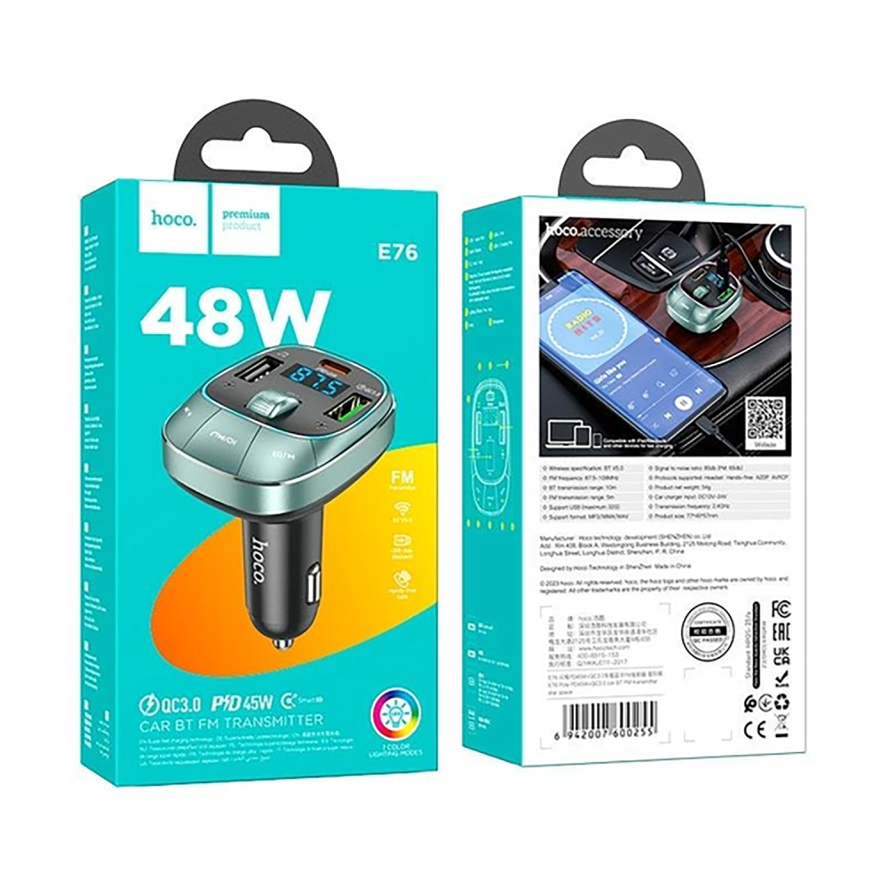 Купить МОДУЛЯТОР HOCO E76 POLE PD48W+QC3.0 CAR BT FM TRANSMITTER