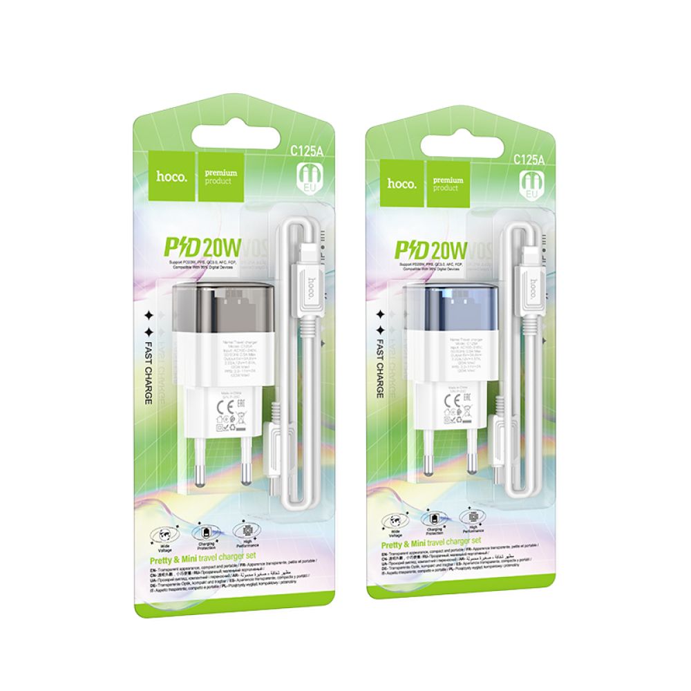 Купить СЕТЕВОЕ ЗАРЯДНОЕ УСТРОЙСТВО HOCO C125A TRANSPARENT PD20W/QC TYPE-C TO LIGHTNING