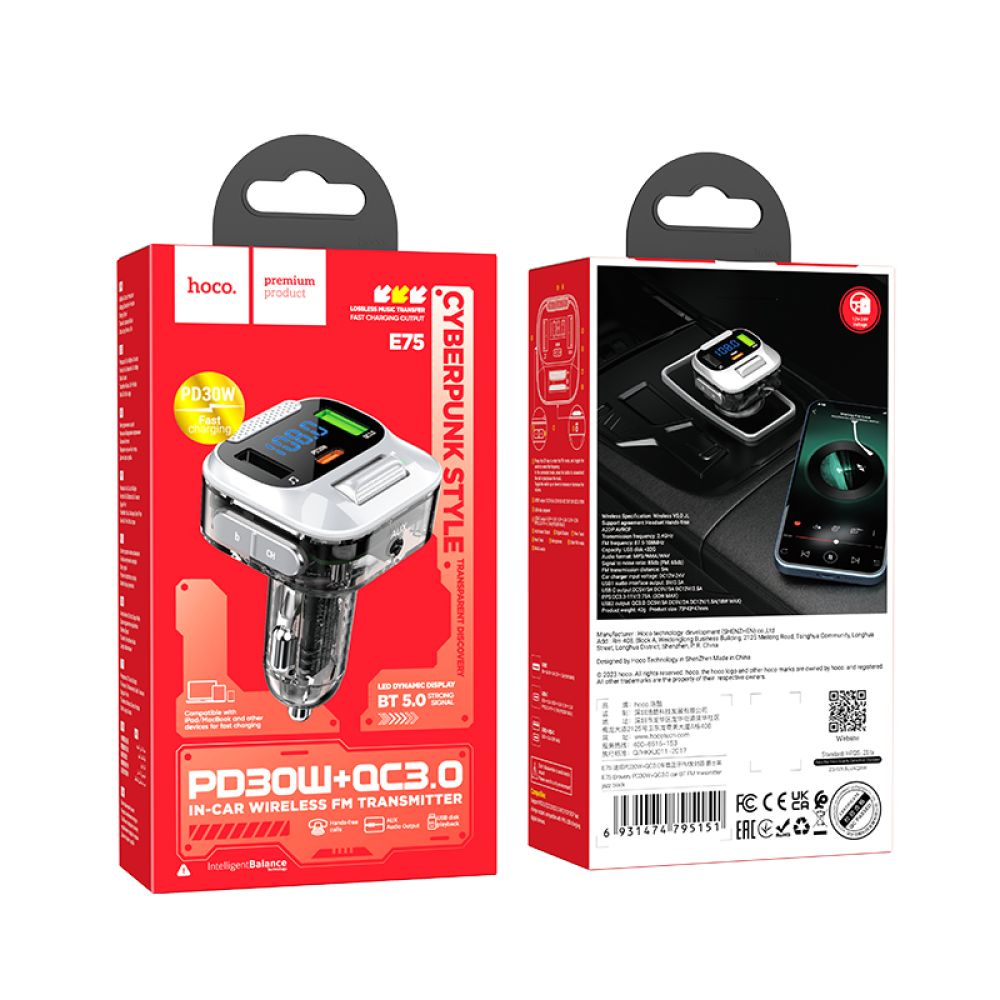 Купить МОДУЛЯТОР HOCO E75 BRAVERY PD30W+QC3.0 CAR BT FM TRANSMITTER_1