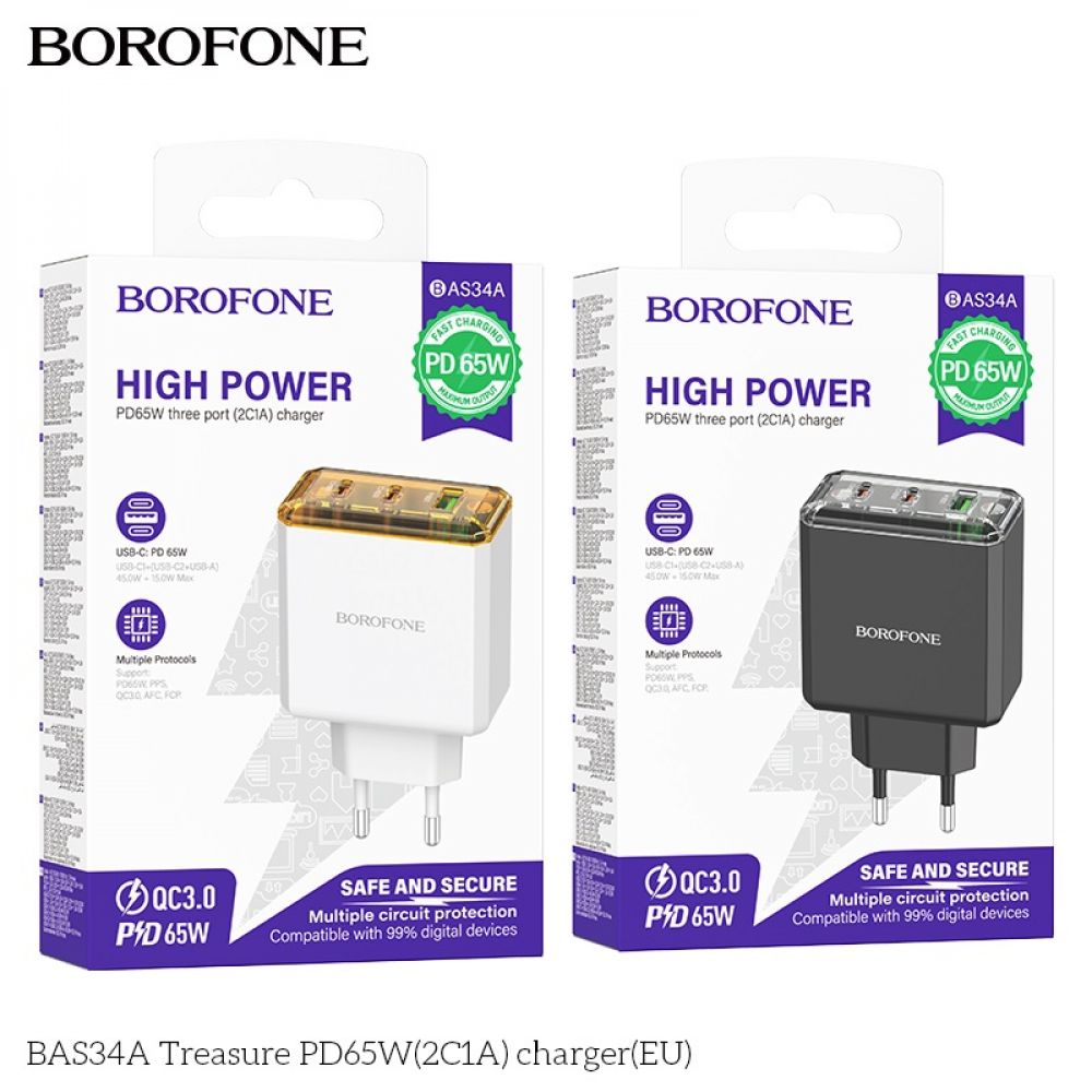 Купить СЕТЕВОЕ ЗАРЯДНОЕ УСТРОЙСТВО BOROFONE BAS34A 2TYPE-C/1USB PD/QC 65W
