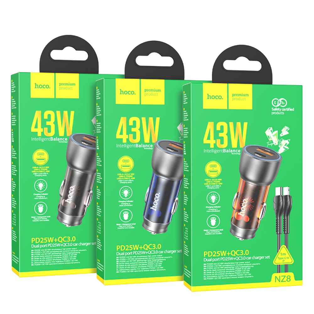 Купить АВТО ЗАРЯДНОЕ УСТРОЙСТВО HOCO NZ8 SPRINTER 43W PD25W+QC3.0 TYPE-C TO LIGHTNING