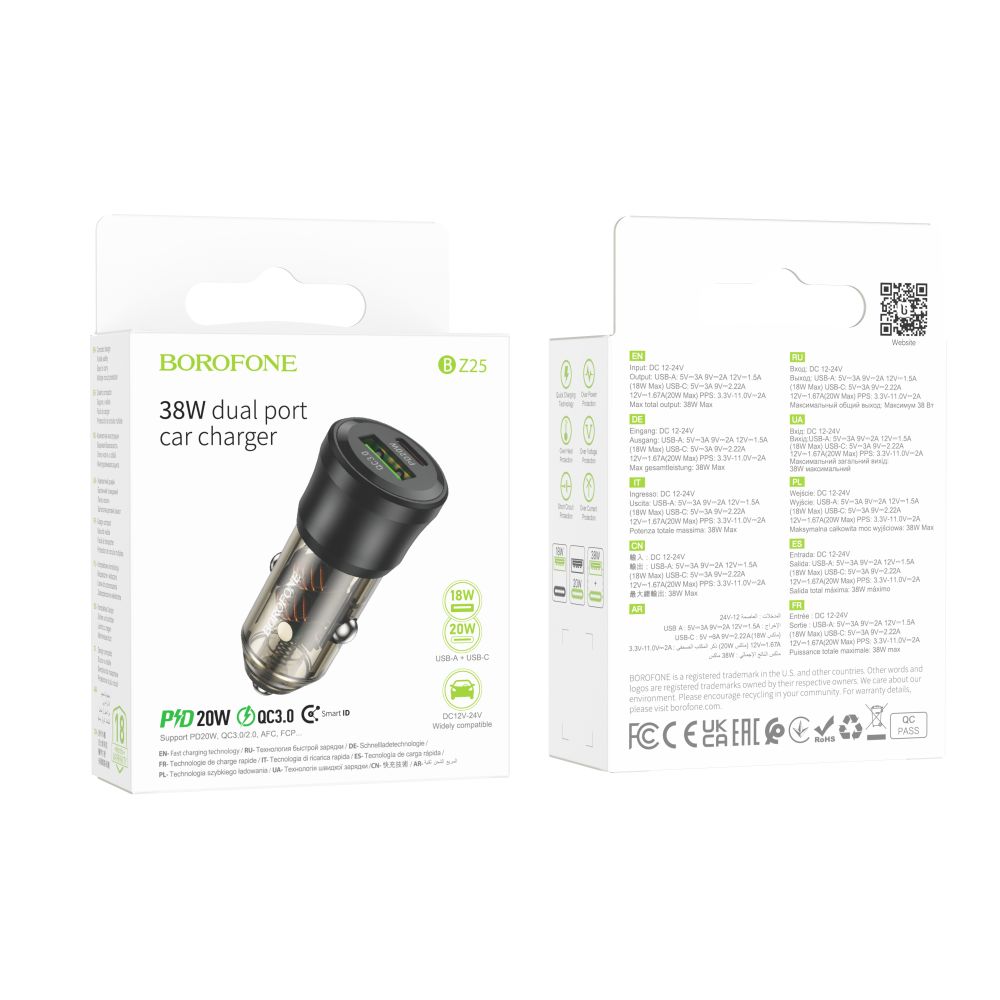 Купить АВТО ЗАРЯДНОЕ УСТРОЙСТВО BOROFONE BZ25 1USB/1USB-C QC/PD38W