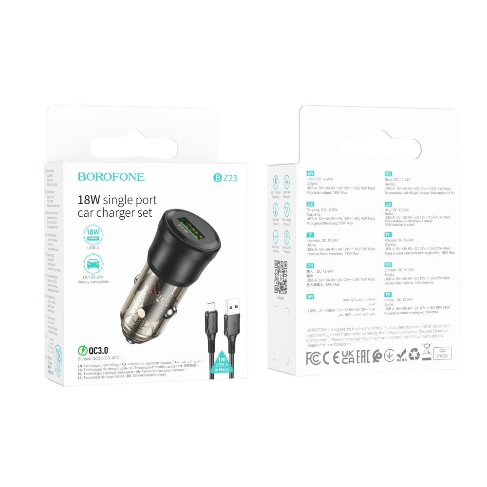 Купить АВТО ЗАРЯДНОЕ УСТРОЙСТВО BOROFONE BZ23 1USB QC18W+MICRO