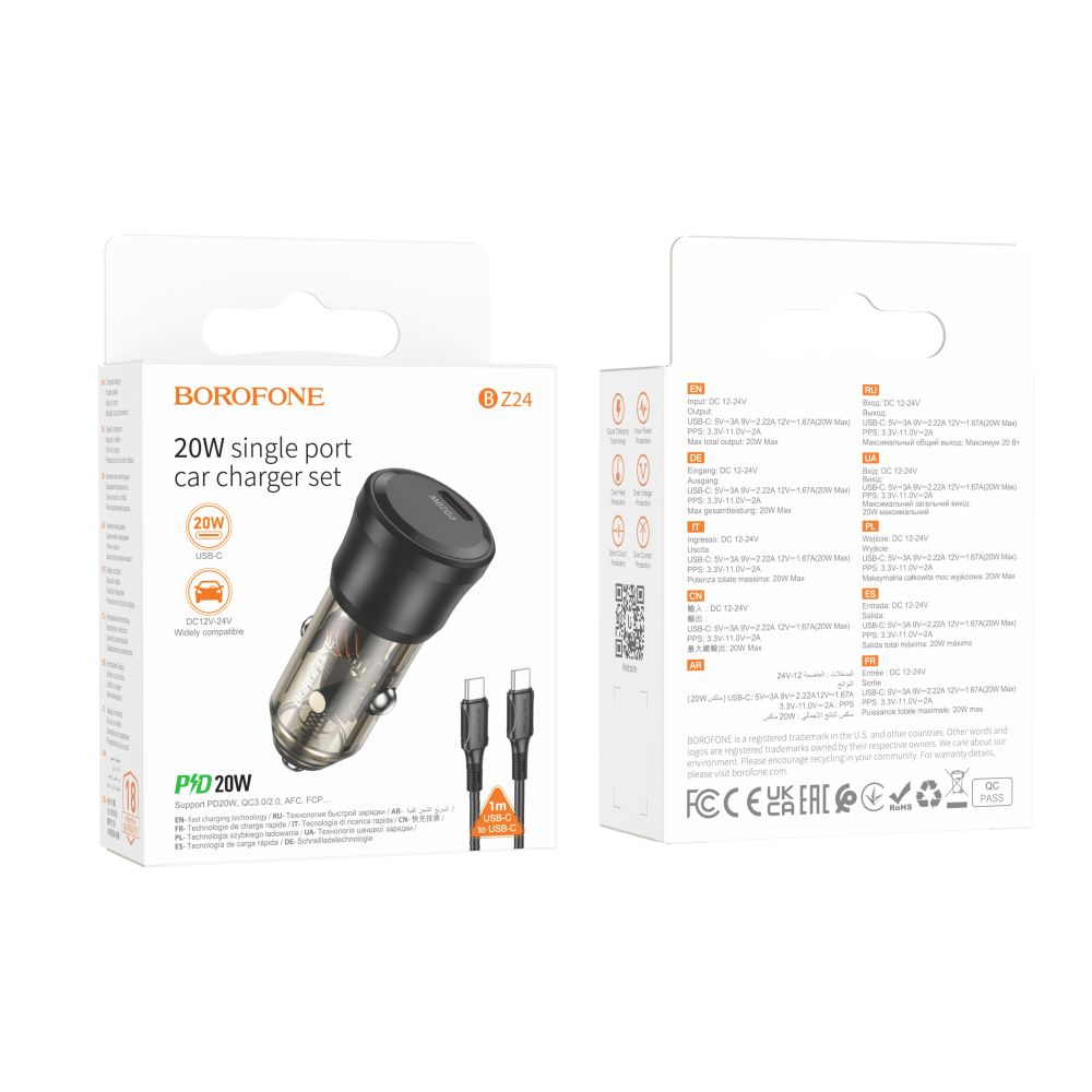 Купить АВТО ЗАРЯДНОЕ УСТРОЙСТВО BOROFONE BZ24 1USB-C QC/PD20W+TYPE-C TO TYPE-C