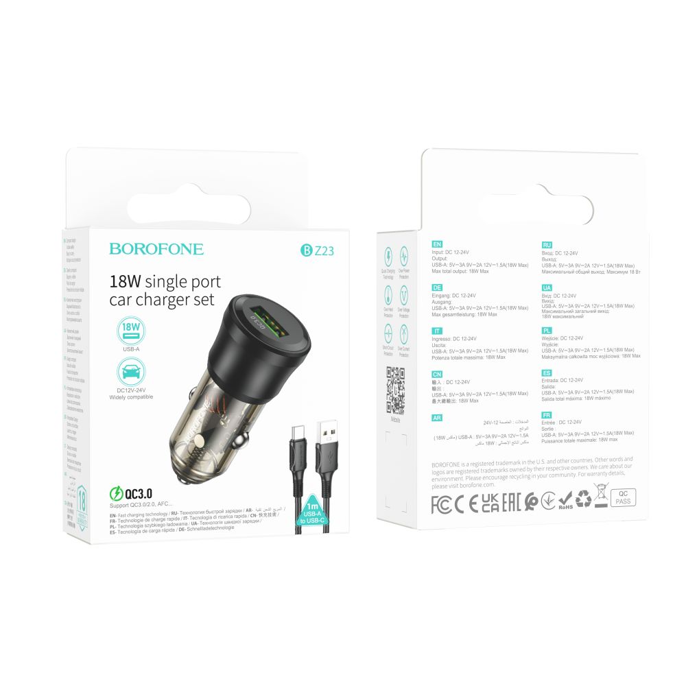 Купить АВТО ЗАРЯДНОЕ УСТРОЙСТВО BOROFONE BZ23 1USB QC18W+TYPE-C