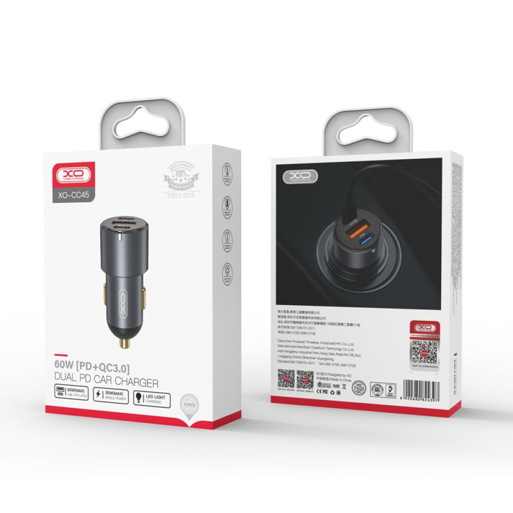 Купить АВТО ЗАРЯДНОЕ УСТРОЙСТВО XO CC45 PD30W PD+USB30W SHARED 60W METAL