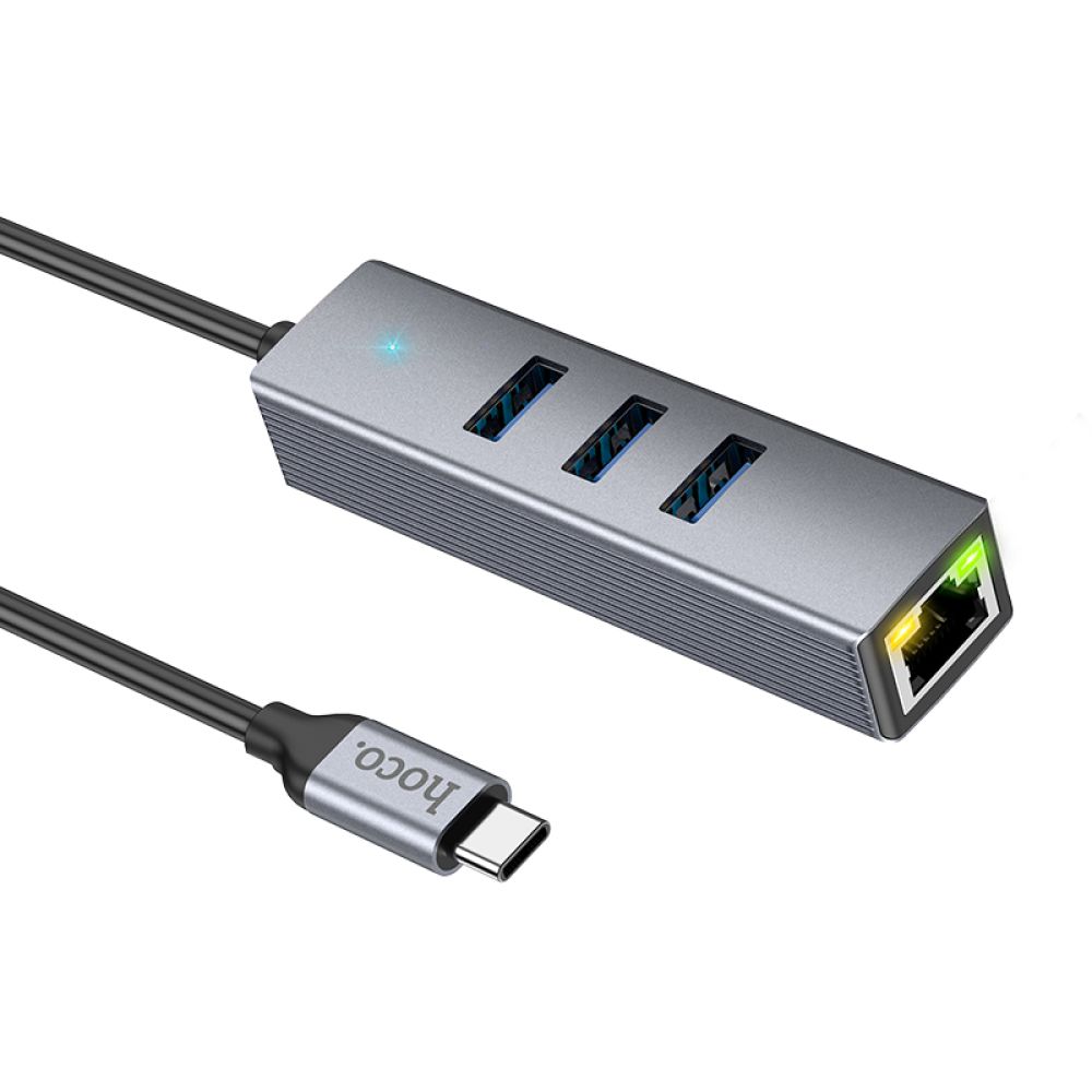 Купить USB HOCO HB34 EASY LINK GIGABIT ETHERNET ADAPTER(TYPE C TO USB3.0*3+RJ45)_2
